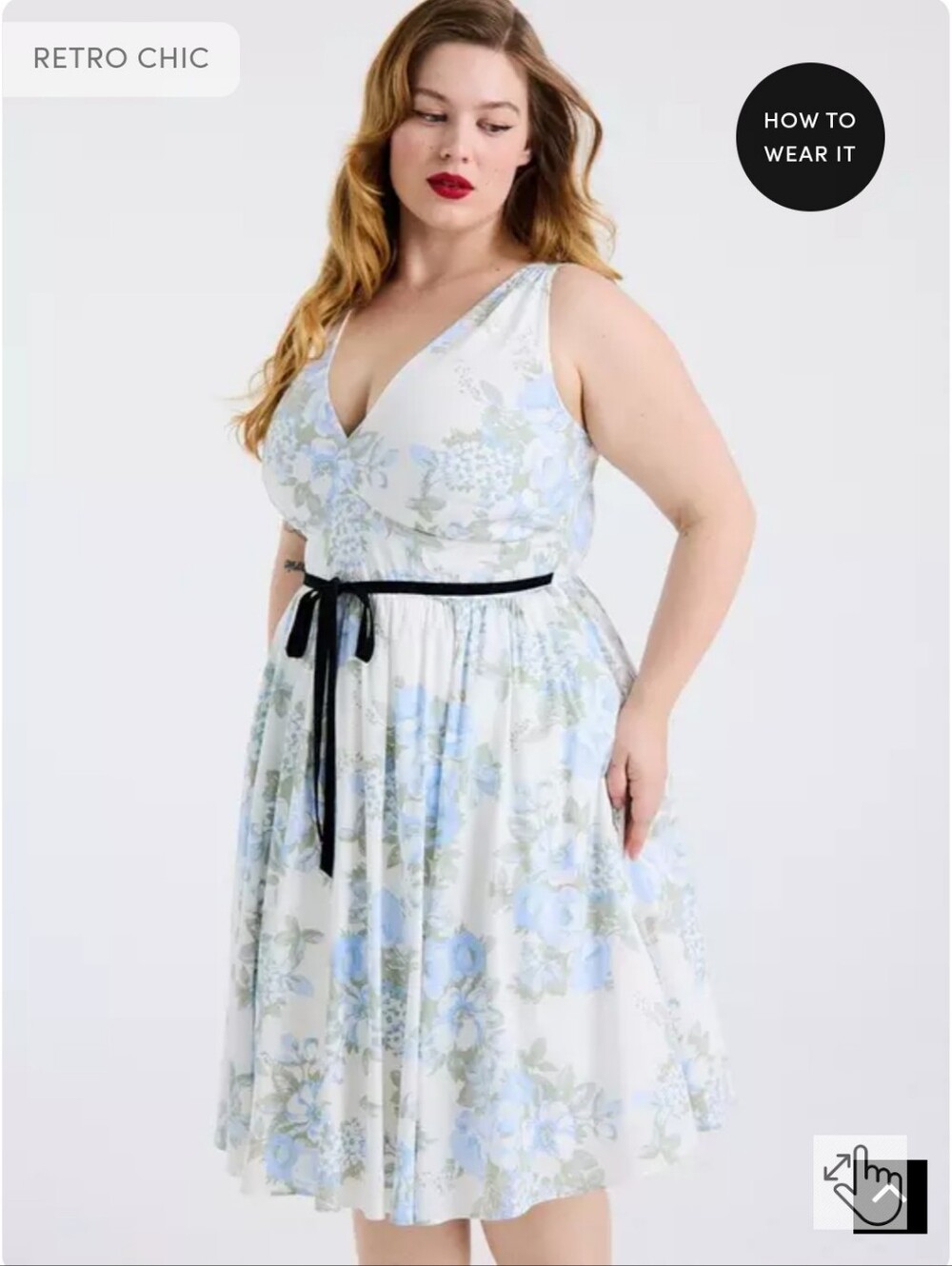 NWOT Torrid RetroChic White Dress with Light Blue Floral Print and Black Tie